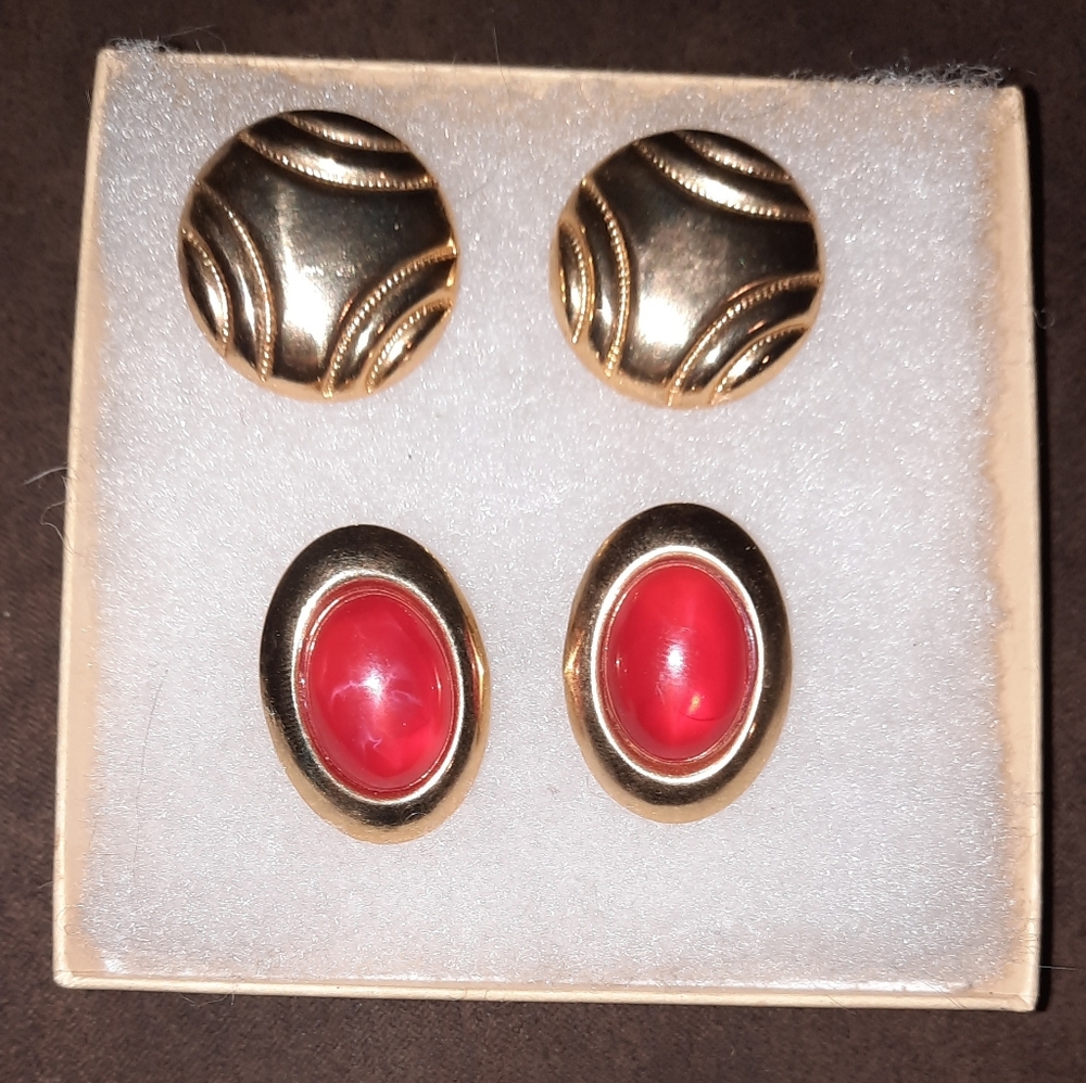 Two pair clip-on vintage earrings goldtone and red 80s bundle